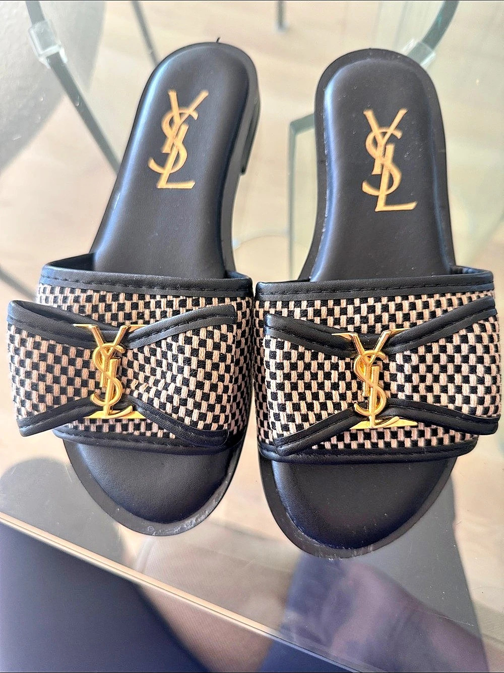 Saint Laurent Checkered Slide Sandals in Black & Brown EU 39